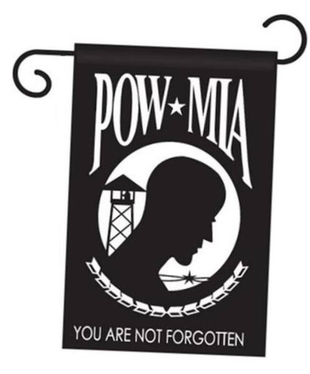 Black nylon garden flag with POW-MIA emblem, soldier silhouette, and YOU ARE NOT FORGOTTEN