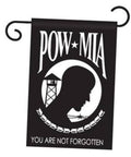 Black nylon garden flag with POW-MIA emblem, soldier silhouette, and YOU ARE NOT FORGOTTEN