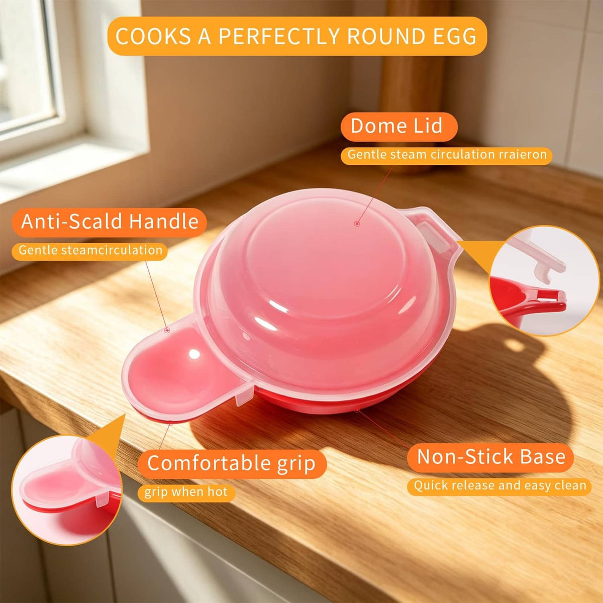 Pink dome-lid microwave omelet maker with red base on a wooden counter
