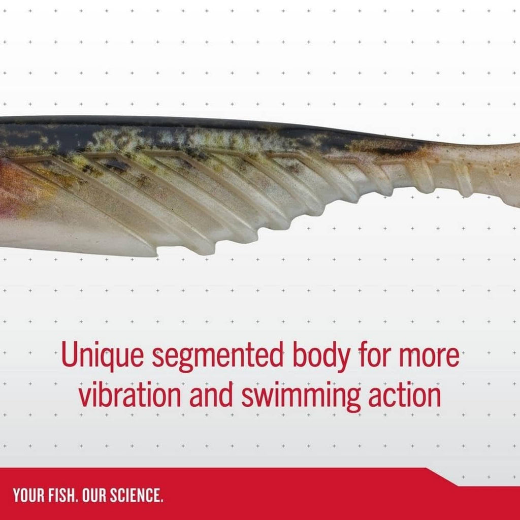Segmented fishing lure body in gray-green smelt color, side profile