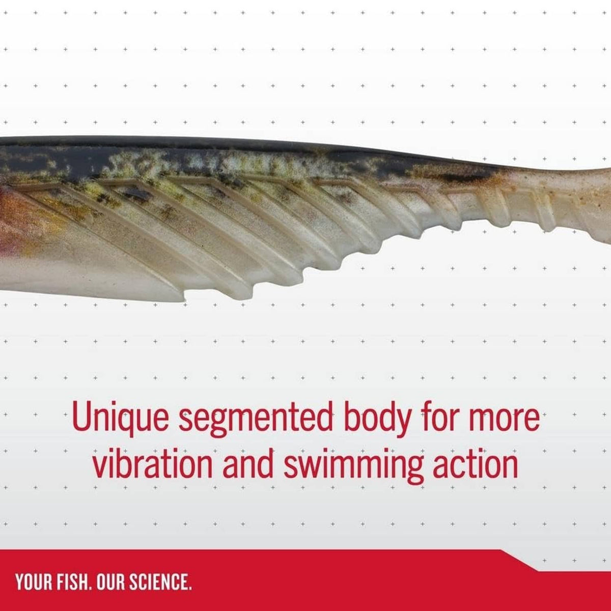 Segmented fishing lure body in gray-green smelt color, side profile