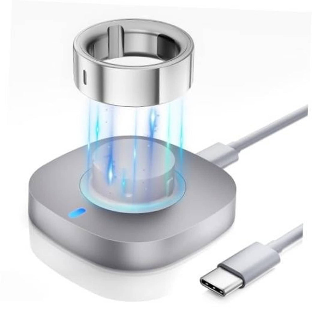 Metal charging dock with ring cradle, glowing charging light, and gray USB-C cable