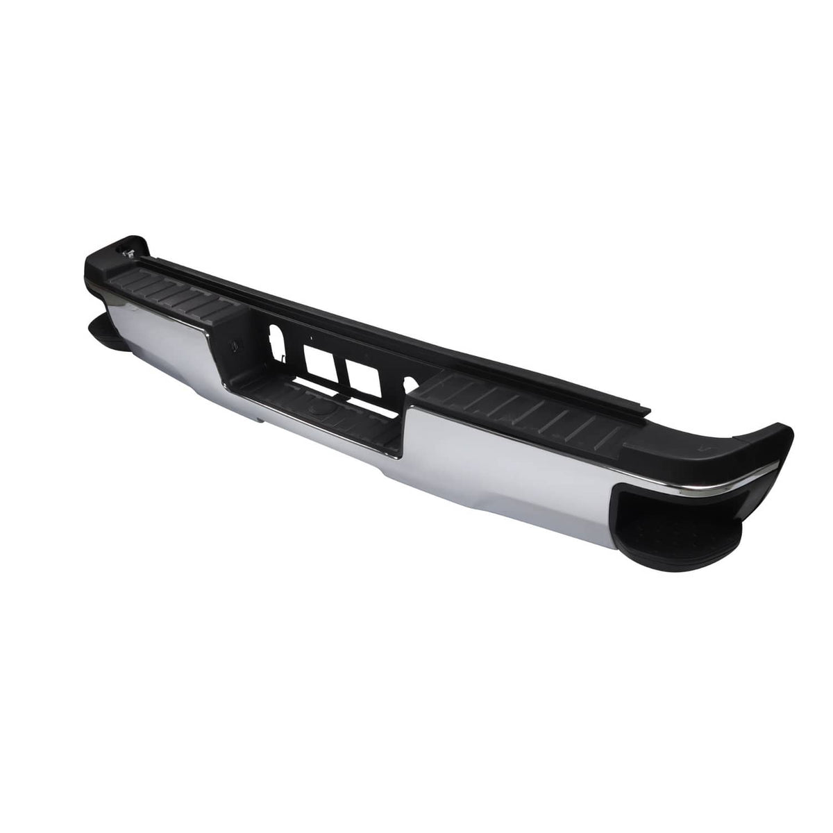 Chrome rear step bumper with black textured step and side end caps