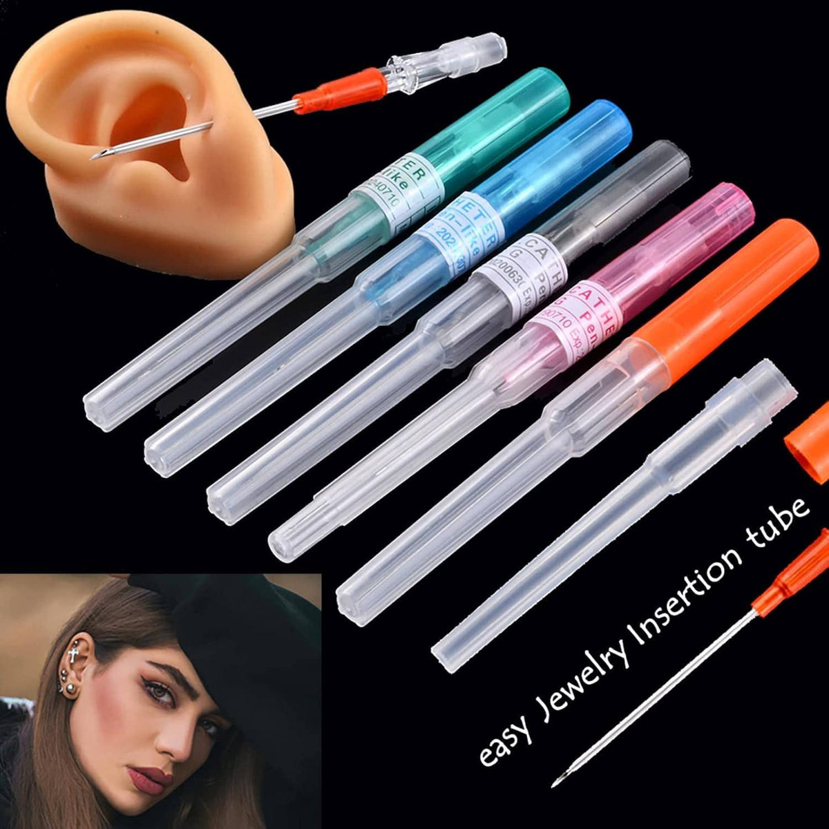 Assorted hollow piercing needles with colored cartridges and clear cannula, on ear model
