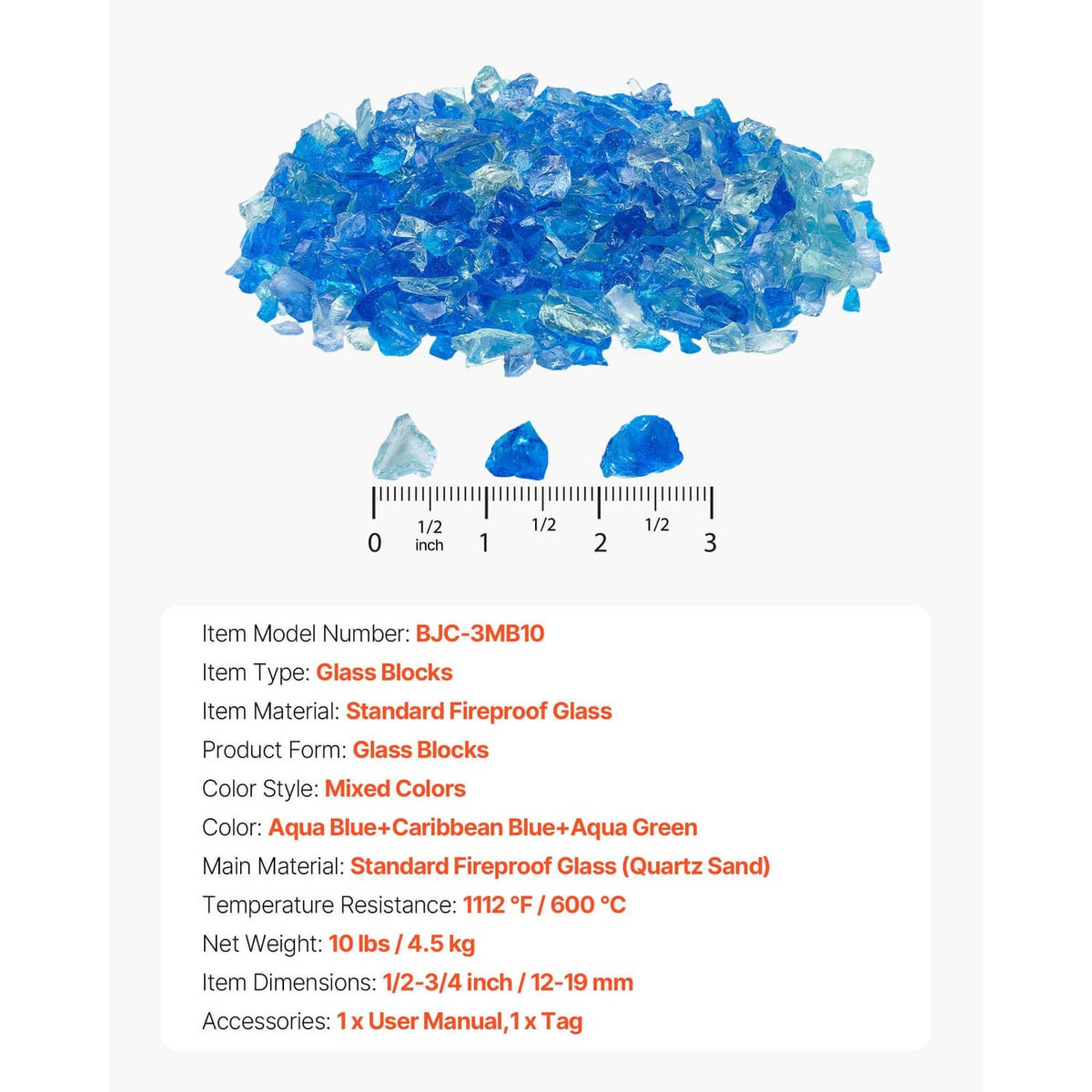 Blue fire pit glass rocks shown with small sample pieces and size ruler