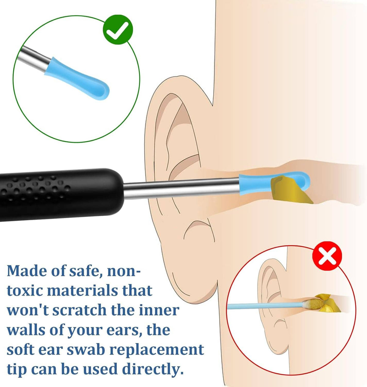 Blue soft ear swab replacement tip on a metal stick for ear camera use