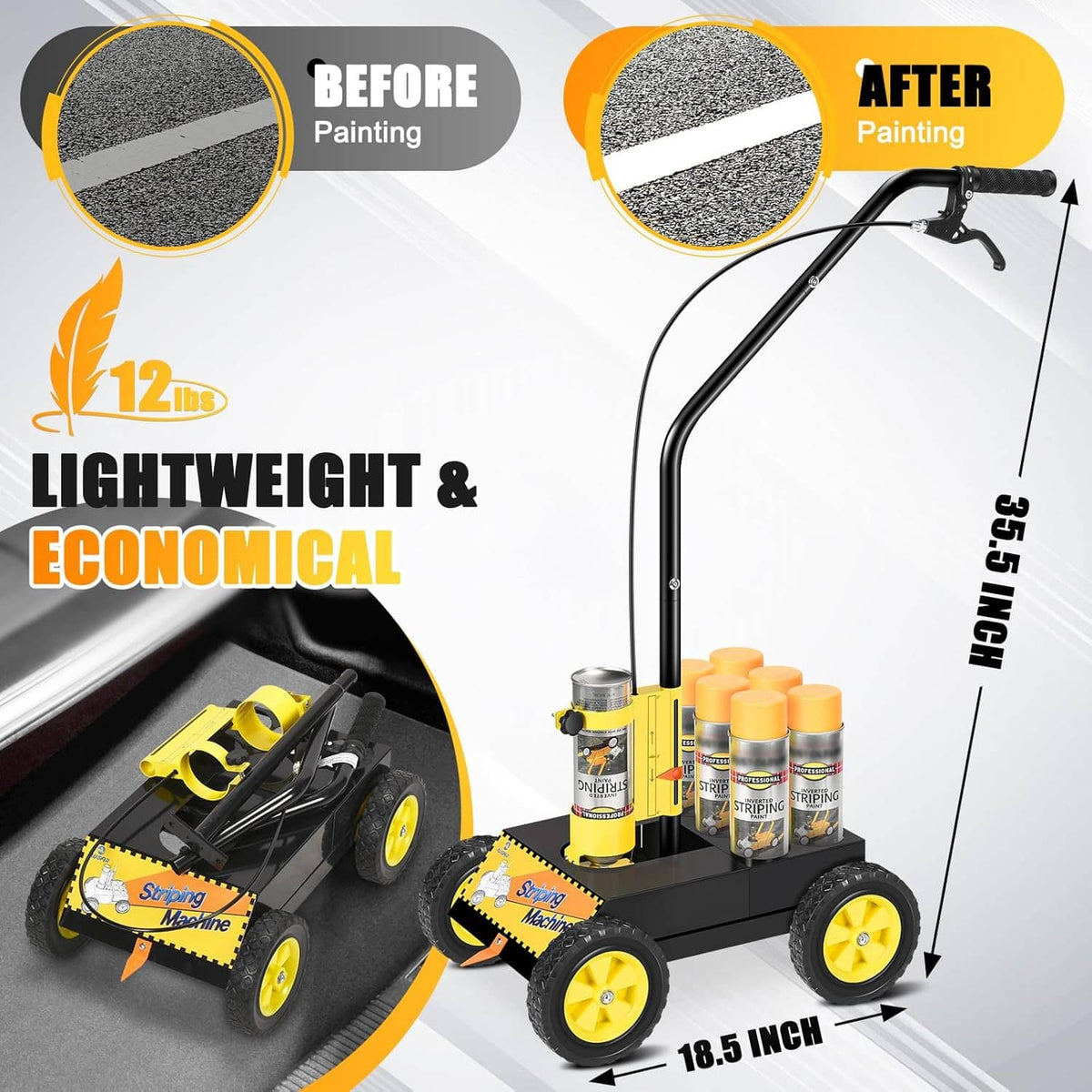 Yellow and black line striping machine with paint cans and low-profile handle