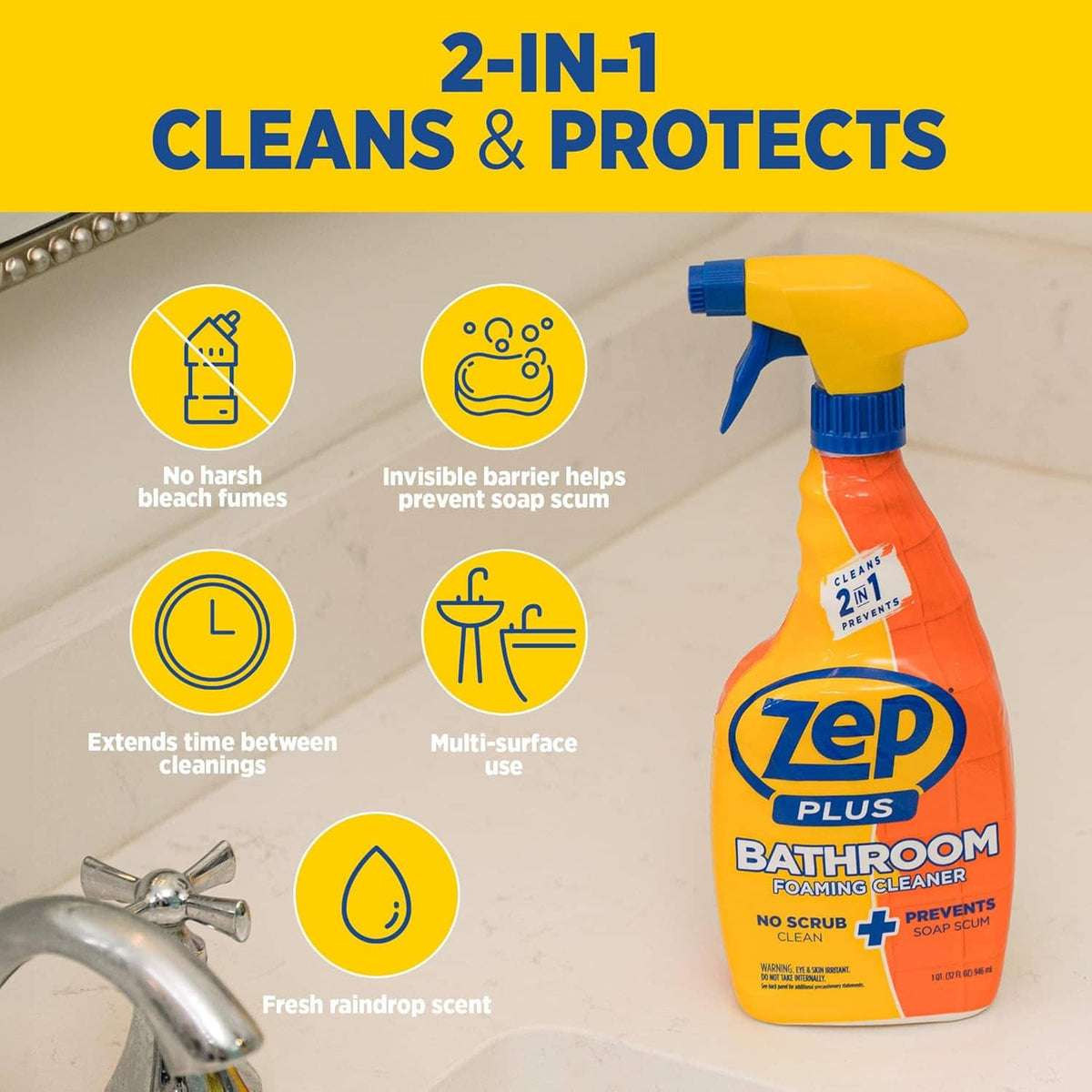 Zep Plus Bathroom foaming cleaner bottle with graphics showing 2-in-1 clean and protect