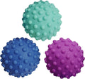 Foot massage ball set with three textured spheres in teal, blue, and purple