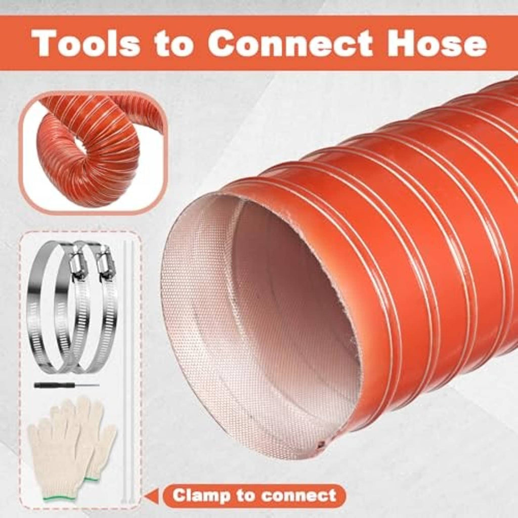 Red corrugated duct hose with open end, showing clamp connection hardware.