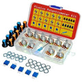 Potentiometer assortment kit with transparent case, blue and orange knobs, and metal washers