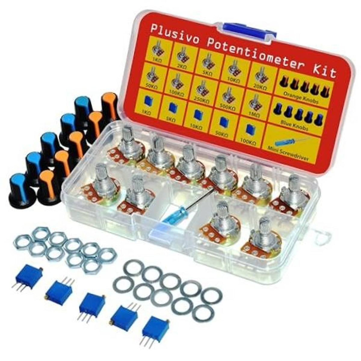 Potentiometer assortment kit with transparent case, blue and orange knobs, and metal washers