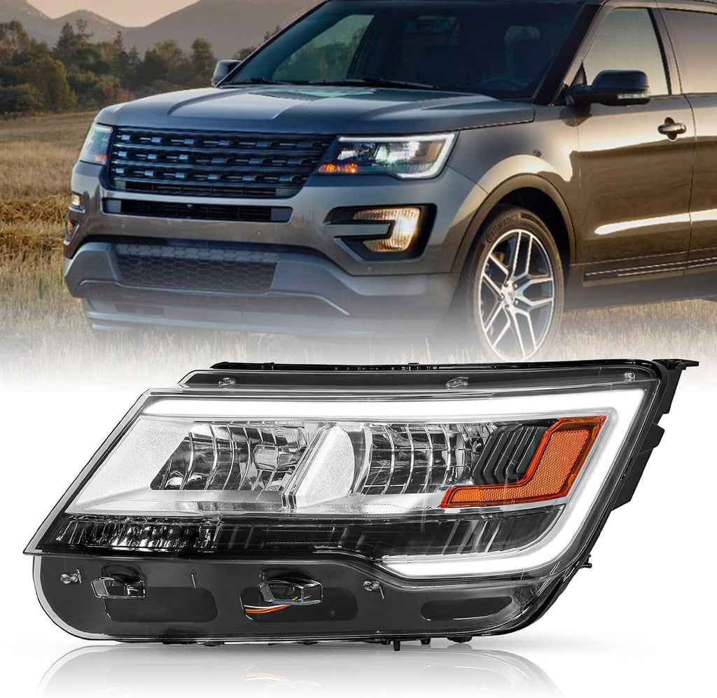 Driver left headlight assembly with clear projector lens and amber side marker in chrome