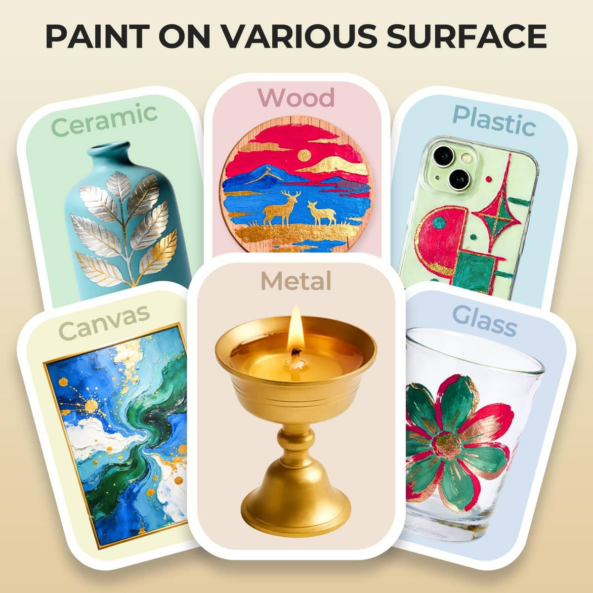 Metallic white acrylic paint shown for ceramic, wood, metal, glass, and plastic
