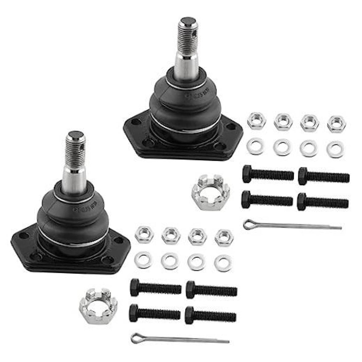 Front upper ball joint with black rubber boot, threaded stud, and mounting hardware kit.