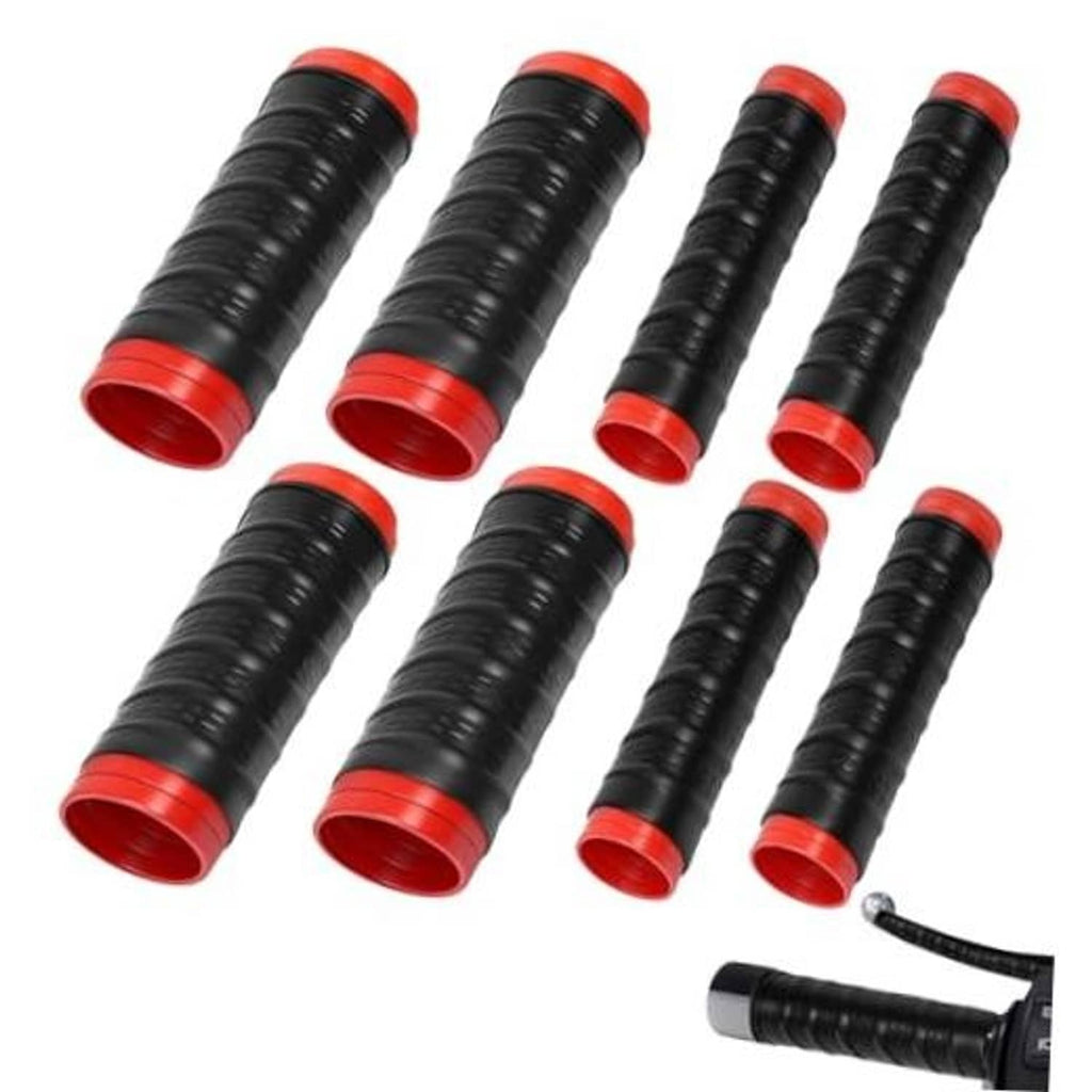 Black ribbed silicone handlebar and brake lever grip covers with red end rings set