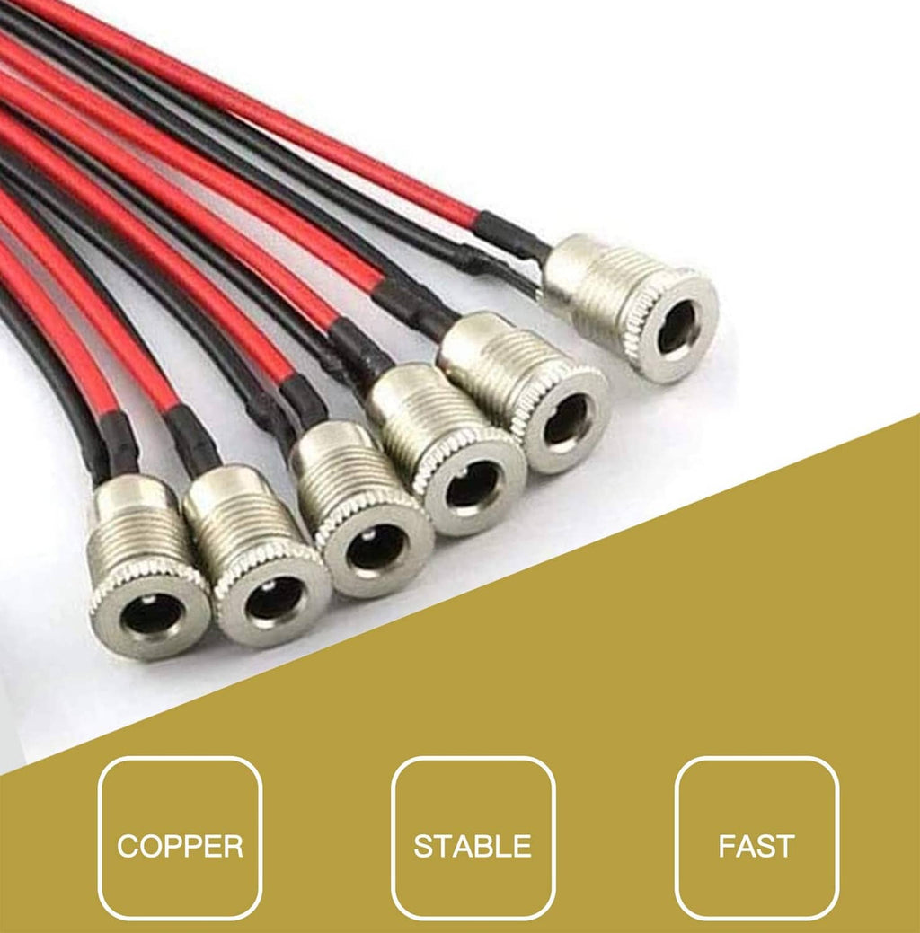 Threaded DC power jack female sockets on red and black insulated wire cables