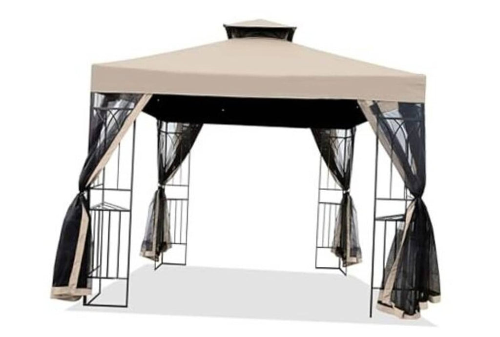 Light beige gazebo replacement cover with black side curtains and corner ties