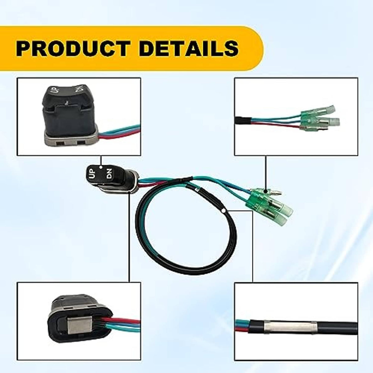 Marine trim switch with UP/DN rocker and green dual-pin connector on cable