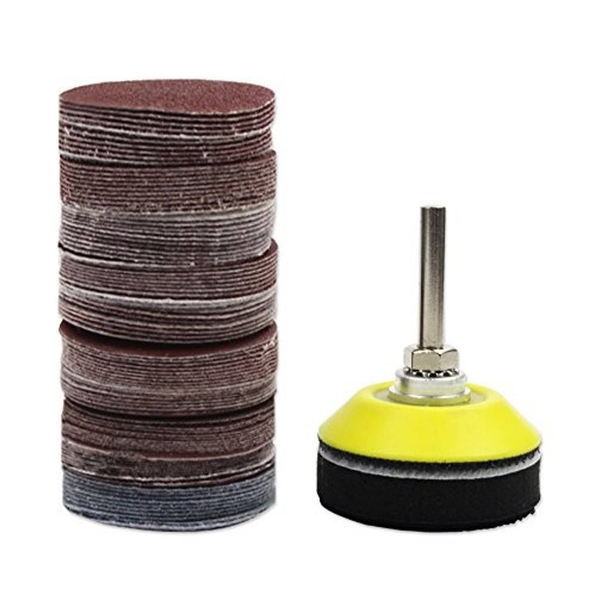 Sanding disc stack with yellow backer plate and metal drill mandrel