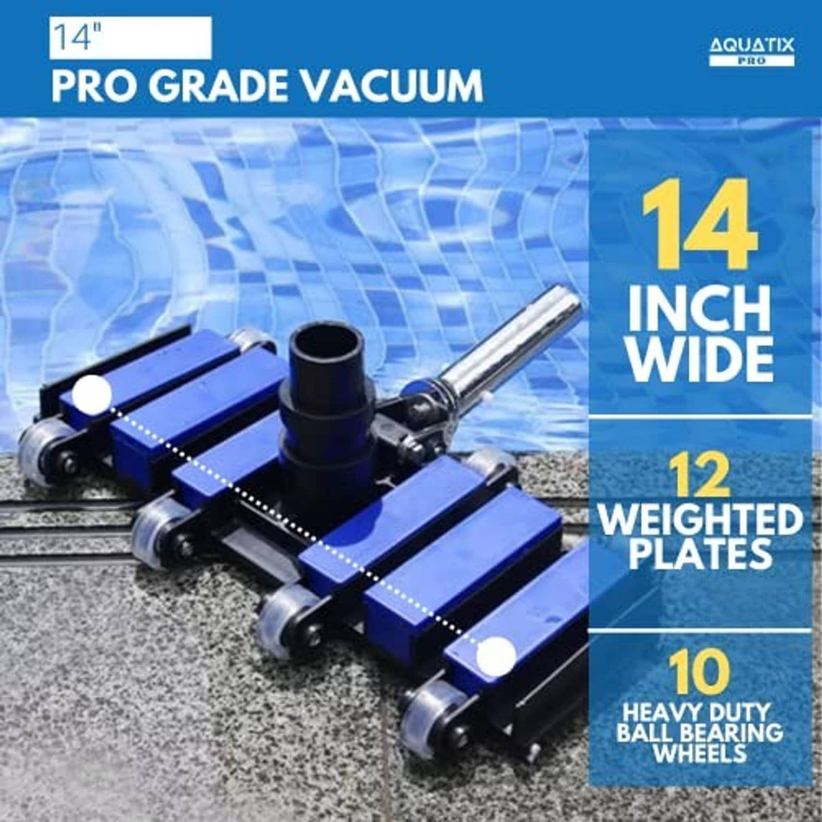 14-inch blue pool vacuum head with wheels and wide brush rollers, resting on concrete.