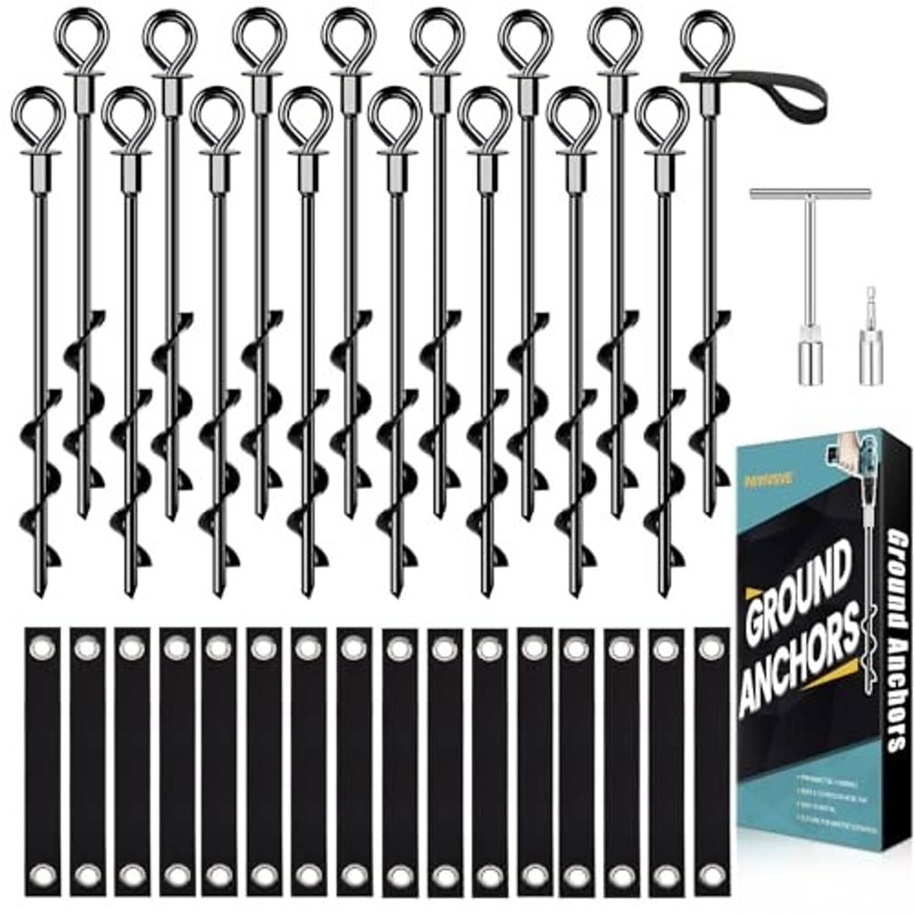 Black screw-in ground anchors kit with loop eyebolts, strap, and included installation parts