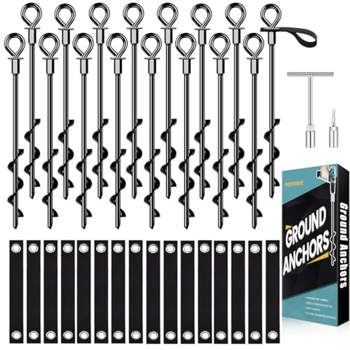 Black screw-in ground anchors kit with loop eyebolts, strap, and included installation parts