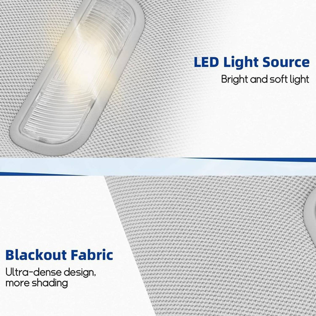 Close-up of right-side sun visor fabric texture with clear LED light lens