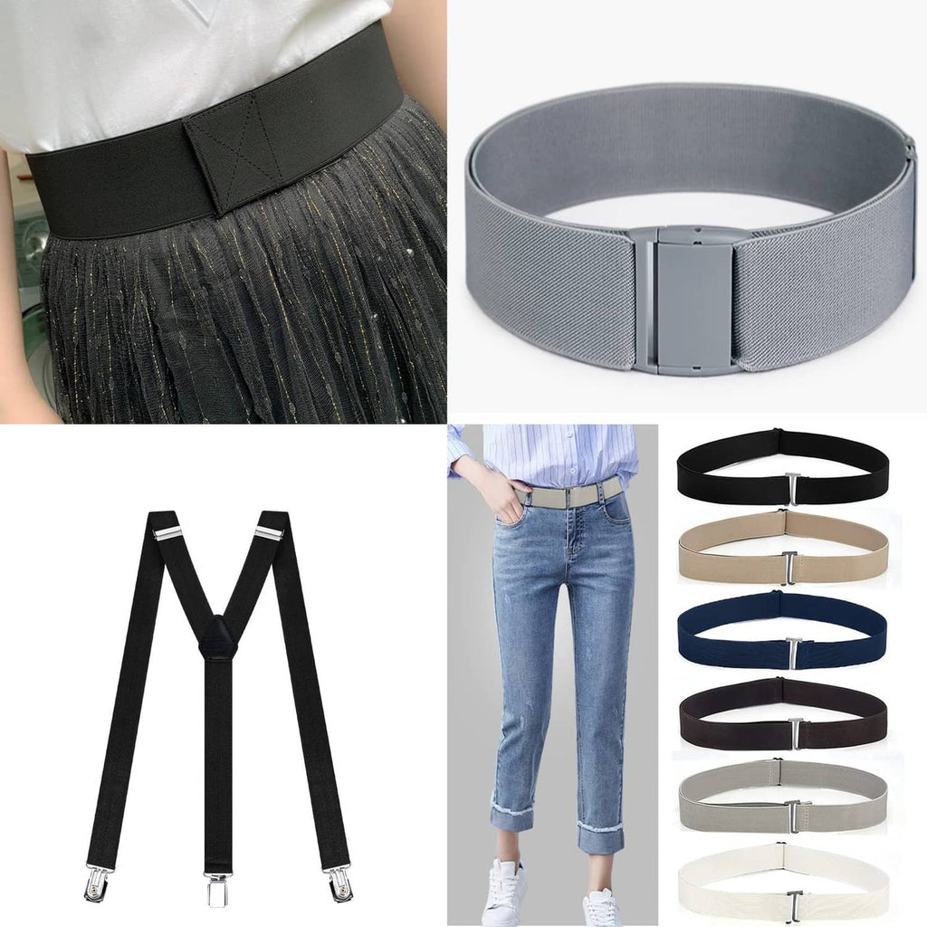 Gray elastic waist belt with silver metal buckle, adjustable strap
