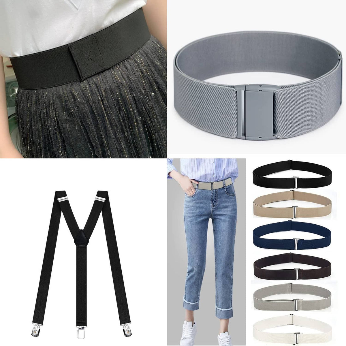 Gray elastic waist belt with silver metal buckle, adjustable strap