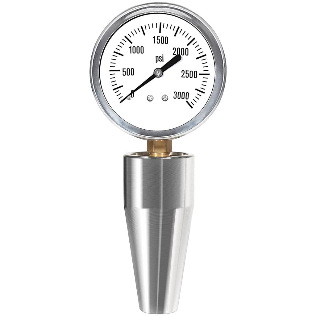 Drawbar force gage tester with round dial gauge mounted on polished metal body