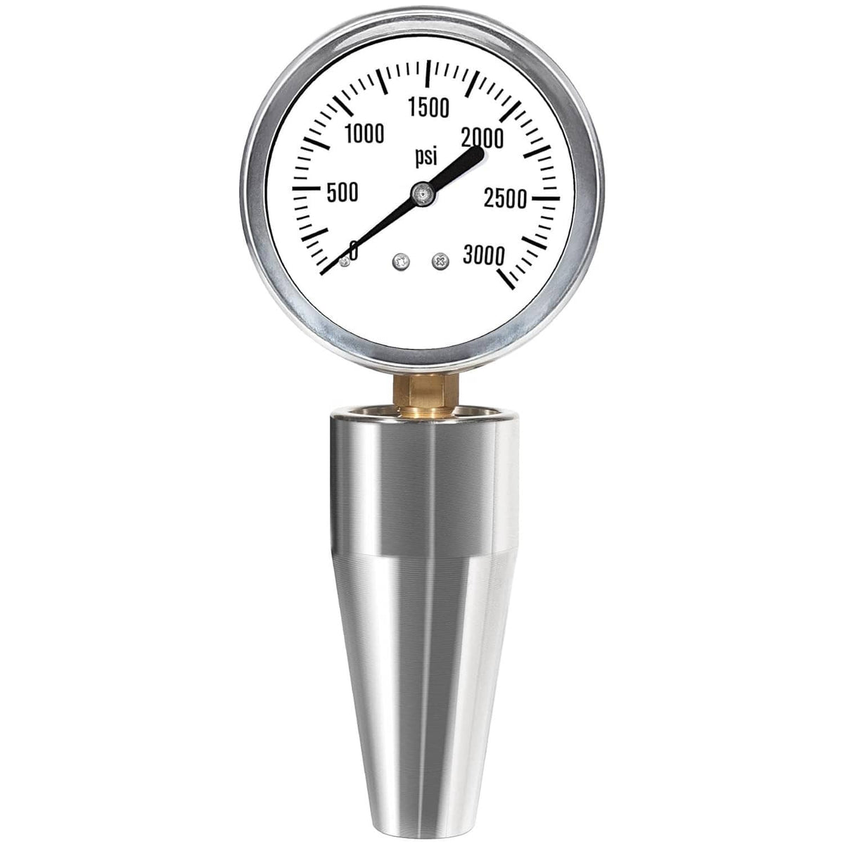 Drawbar force gage tester with round dial gauge mounted on polished metal body