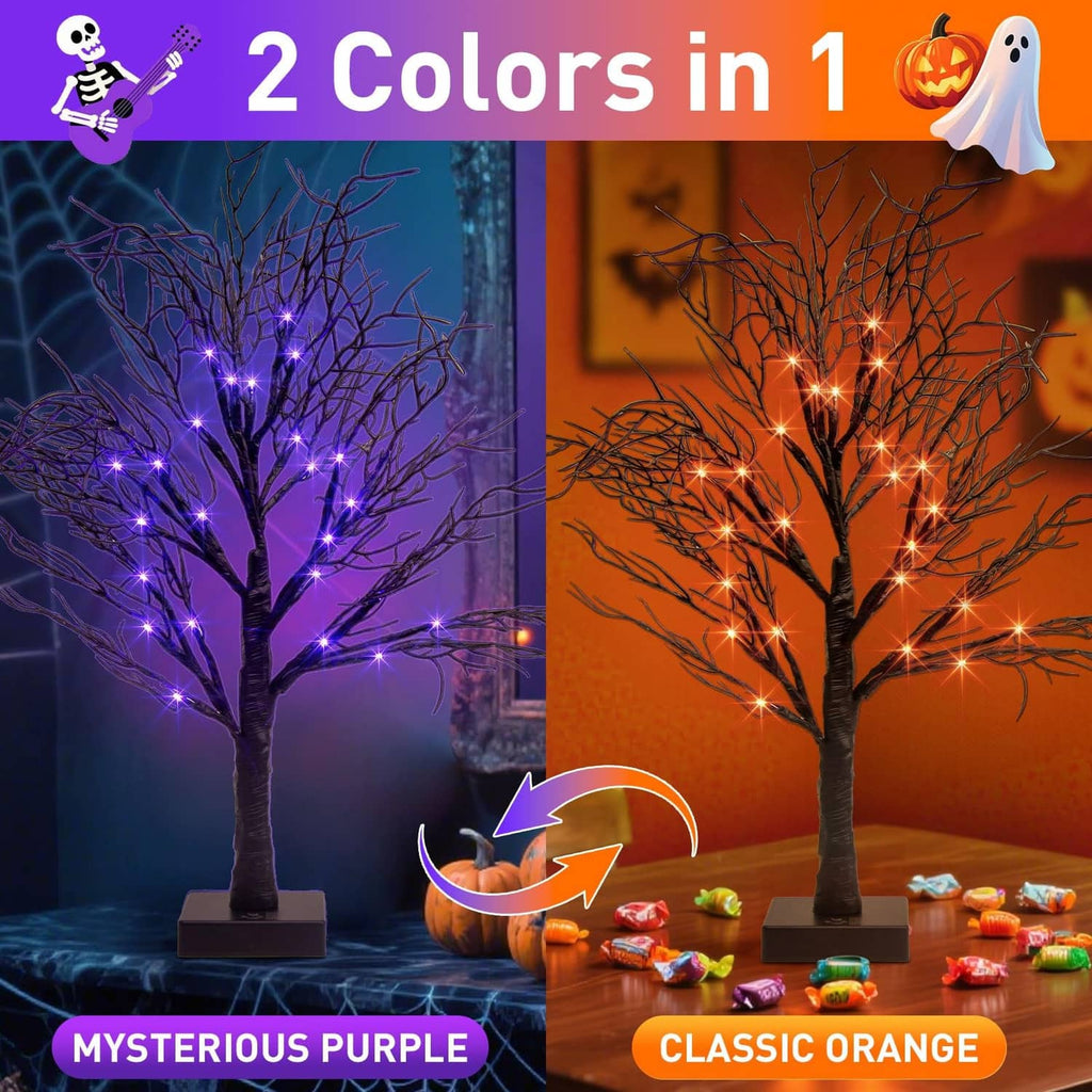 Two lighted Halloween decorative trees with purple and orange LED lights on display bases