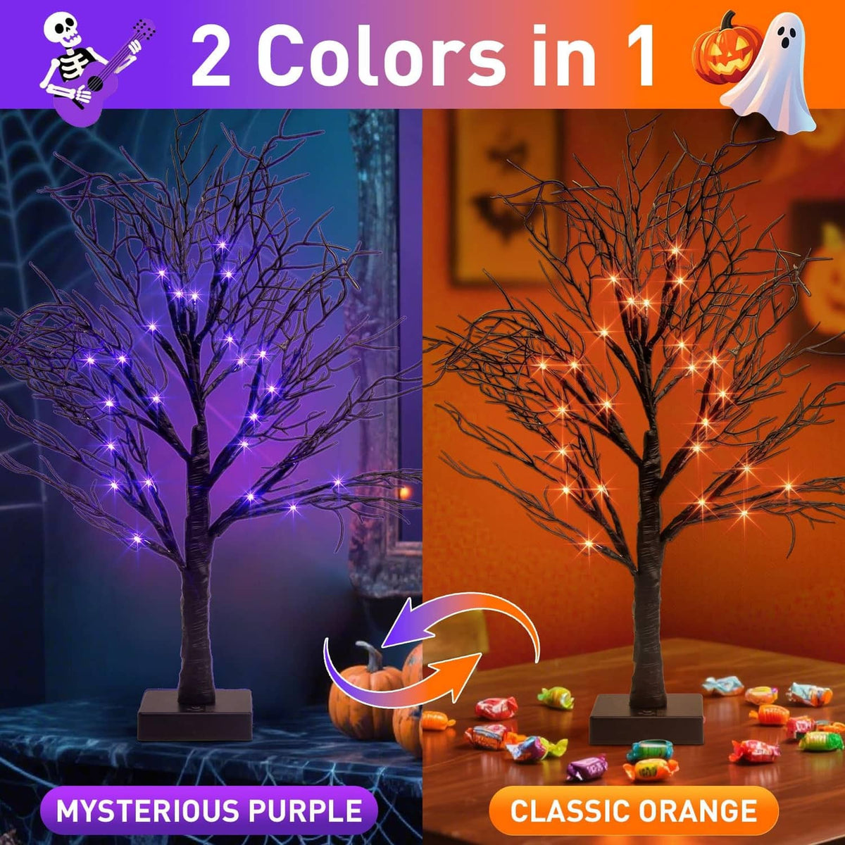 Two lighted Halloween decorative trees with purple and orange LED lights on display bases