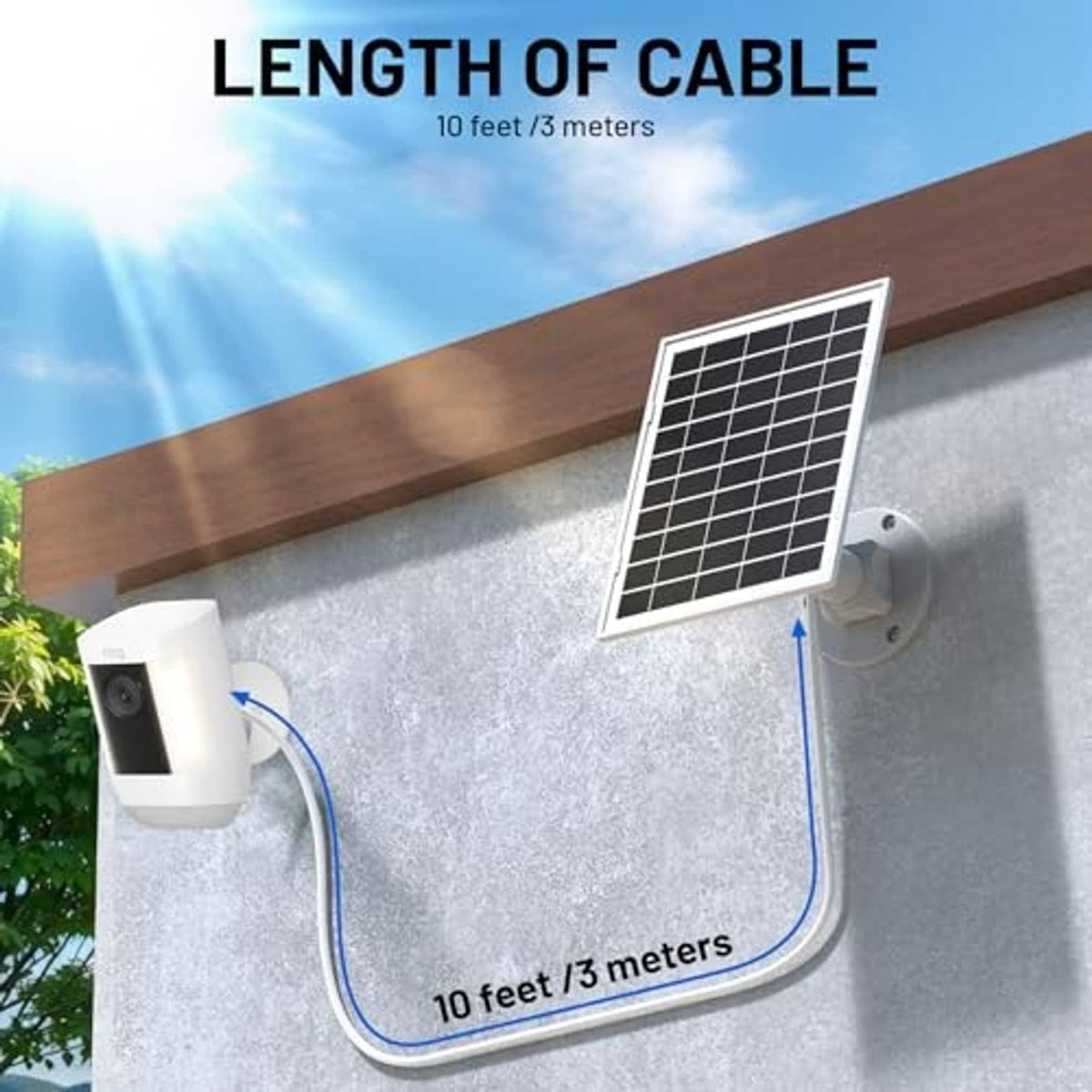 Solar panel charger with 10 ft cable and wall-mounted spotlight unit