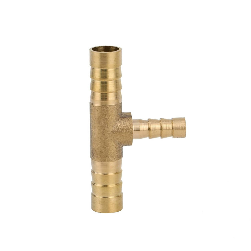Brass reducing hose tee fitting with side barbed port and straight threaded ends