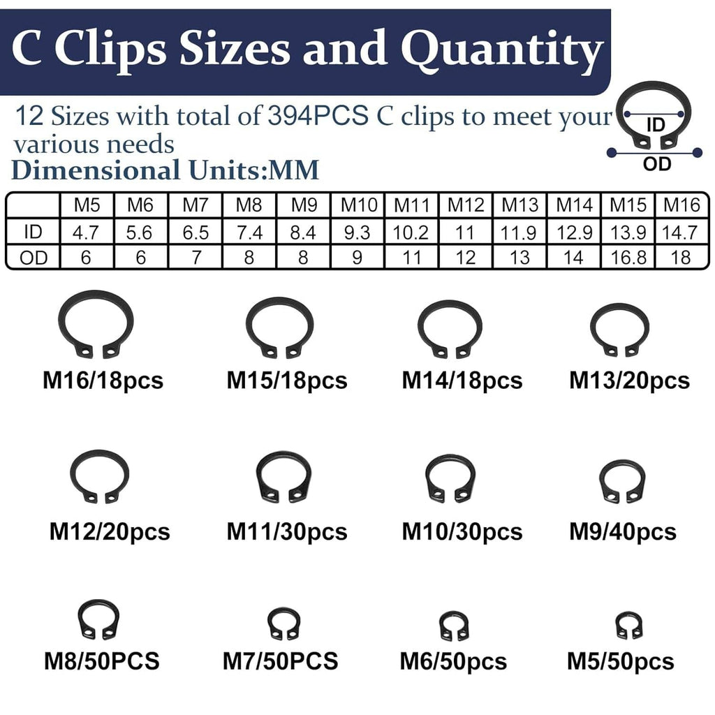 Black C clip sizes chart showing dimensions and quantities for M5–M16
