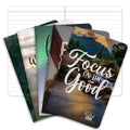 Mini field notebooks stacked, with inspirational photo covers and motivational word art.