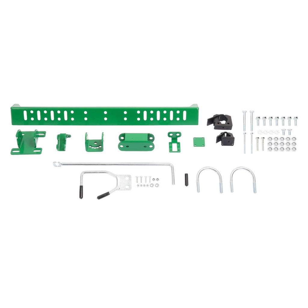 Green mounting bar kit with black clamp brackets, U-hooks, and hardware pieces