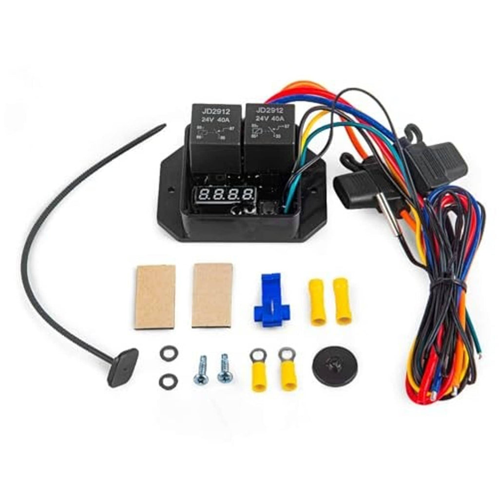 Fan controller switch kit with dual relay modules, LED display, and color-coded wiring harness