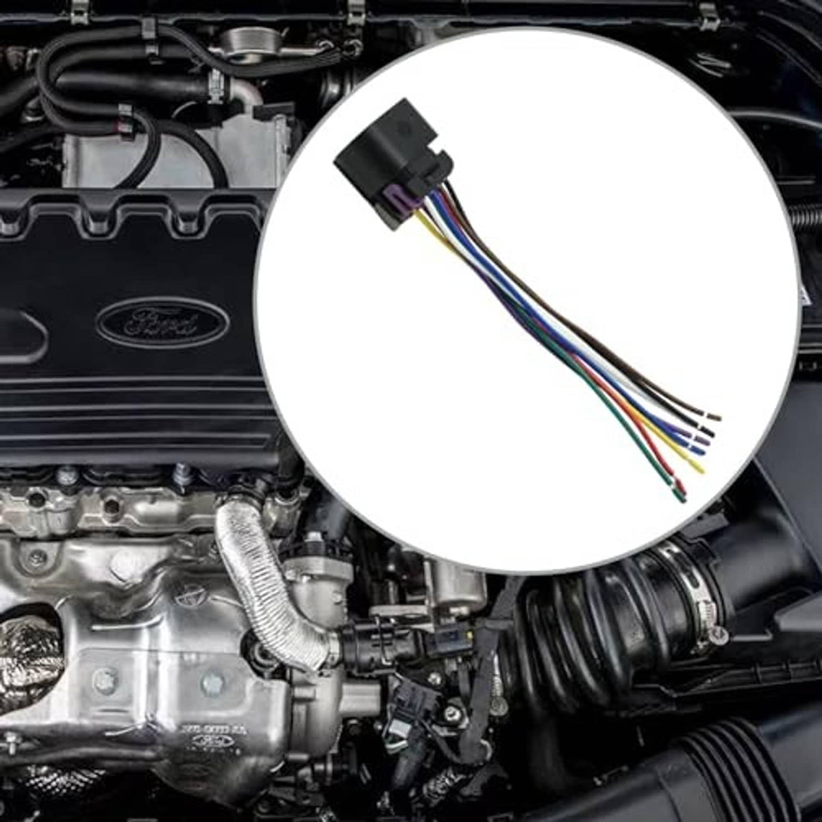Throttle body connector pigtail harness plug shown with multicolored wire bundle