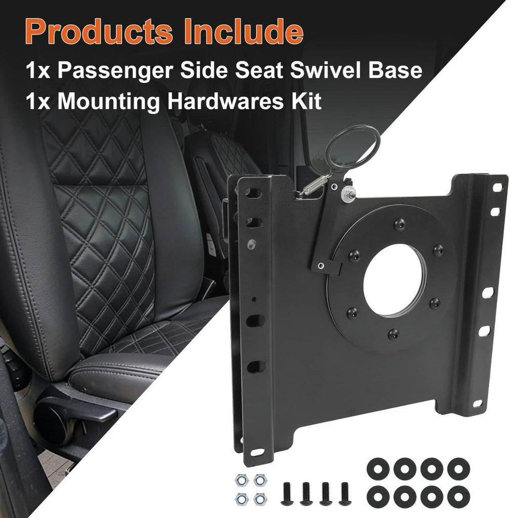 Black passenger seat swivel base shown with mounting hardware kit beside it on seat area