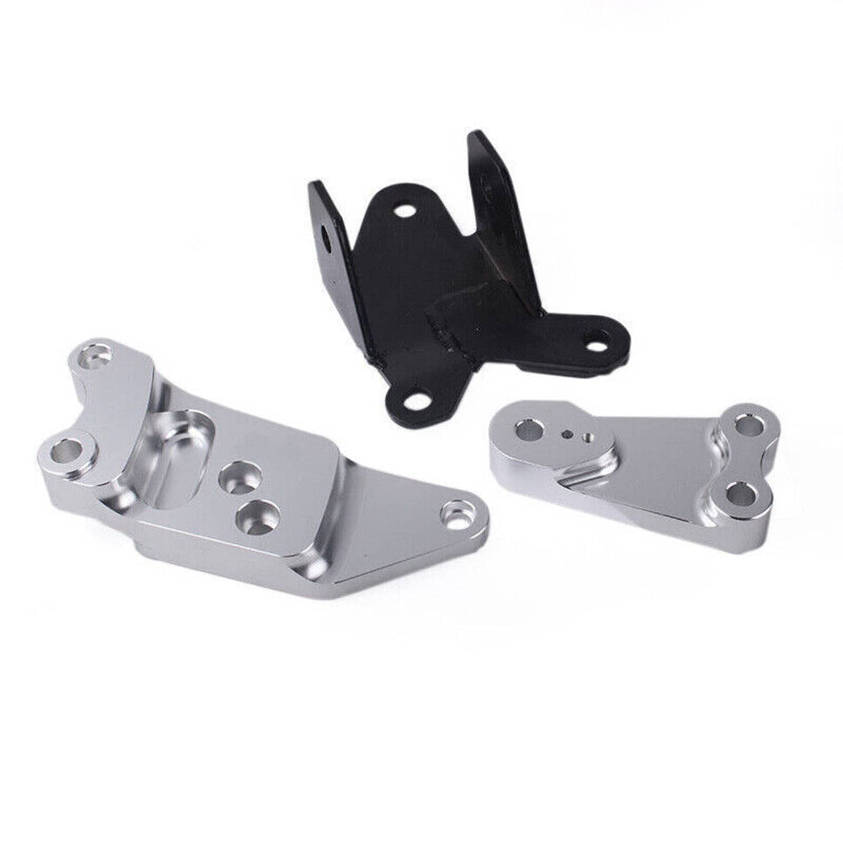 Motor mount kit showing two silver brackets with black supports and rubber bushings