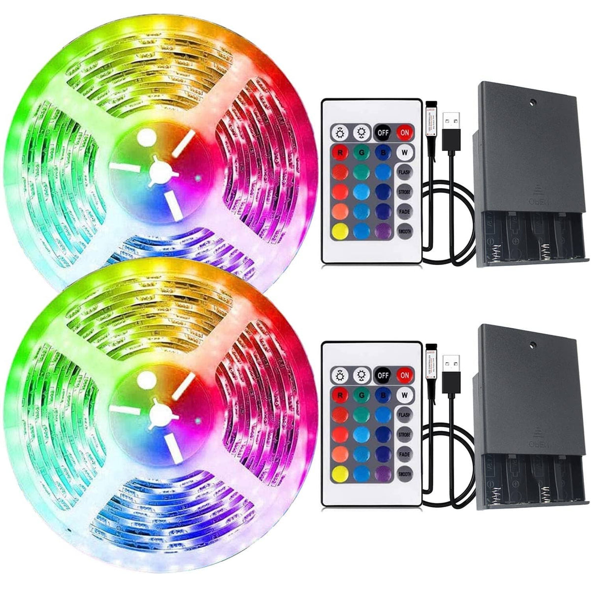 Multicolor LED strip light reels with battery pack and remote controller