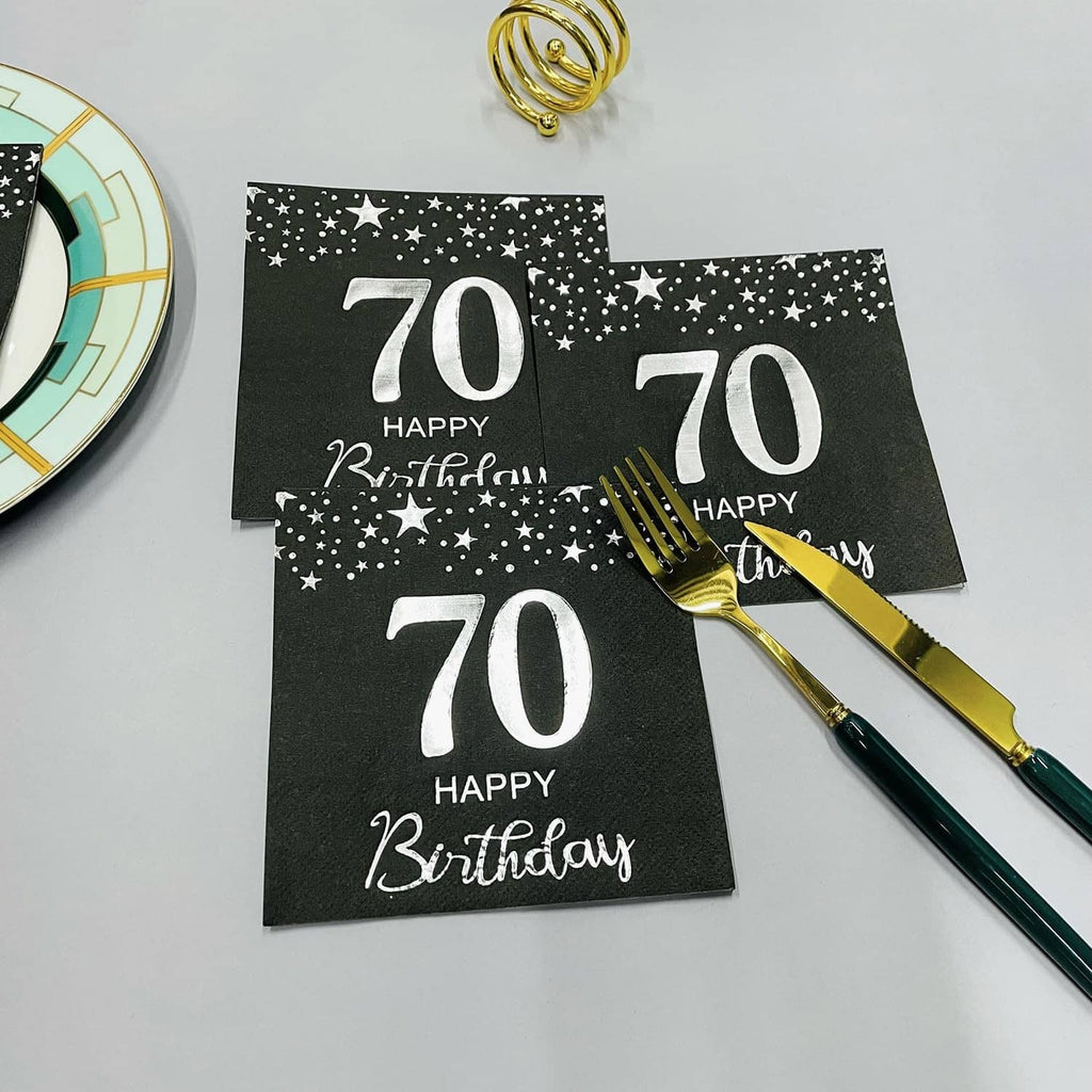 Set of black 70th birthday napkins with stars and silver “70 Happy Birthday”