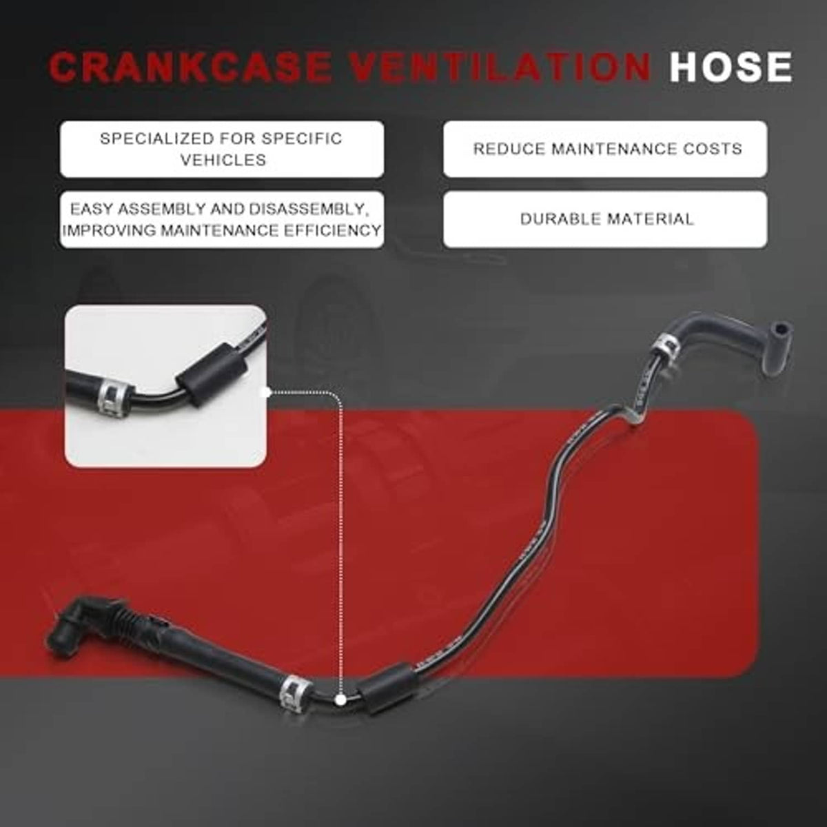 Black crankcase ventilation hose pipe with connected ends and visible metal clamps