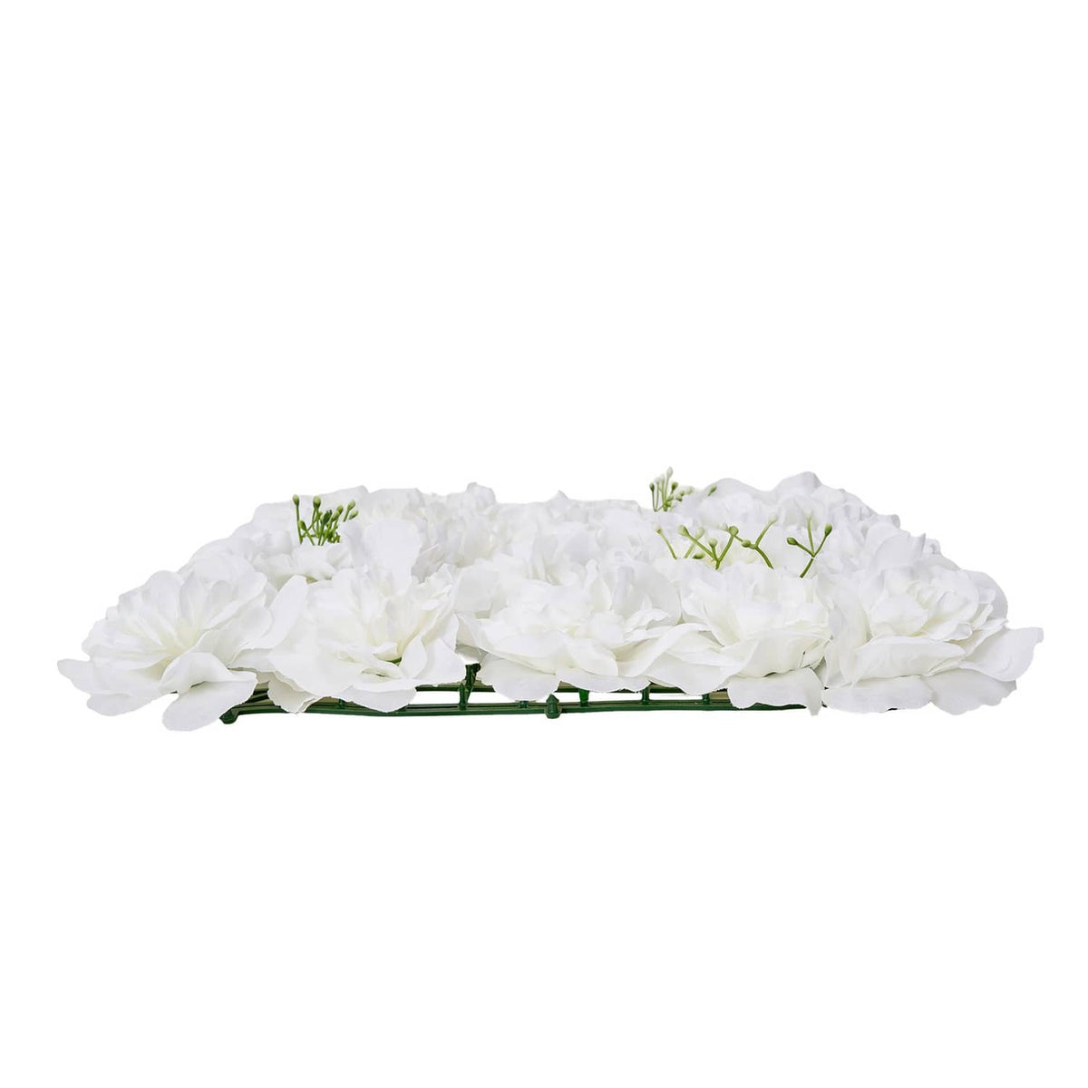 White artificial flower wall panel with layered blooms and green stems, side view