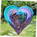 Heart-shaped metal wind spinner with blue outer rings and purple iridescent stripes