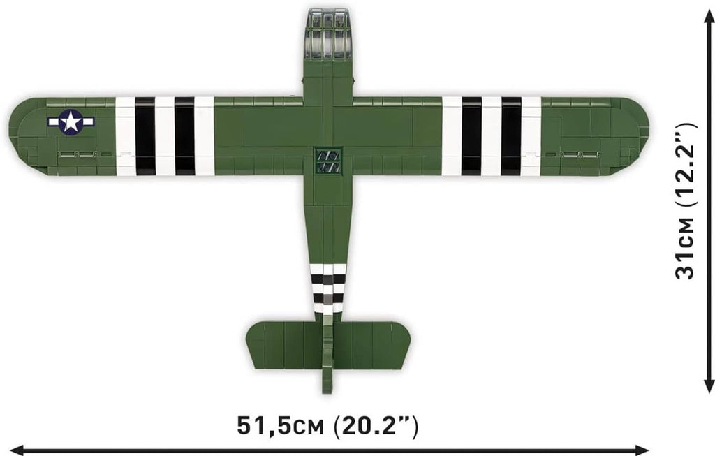 Green WACO CG-4 glider model top view with star insignia and black-and-white striped wings