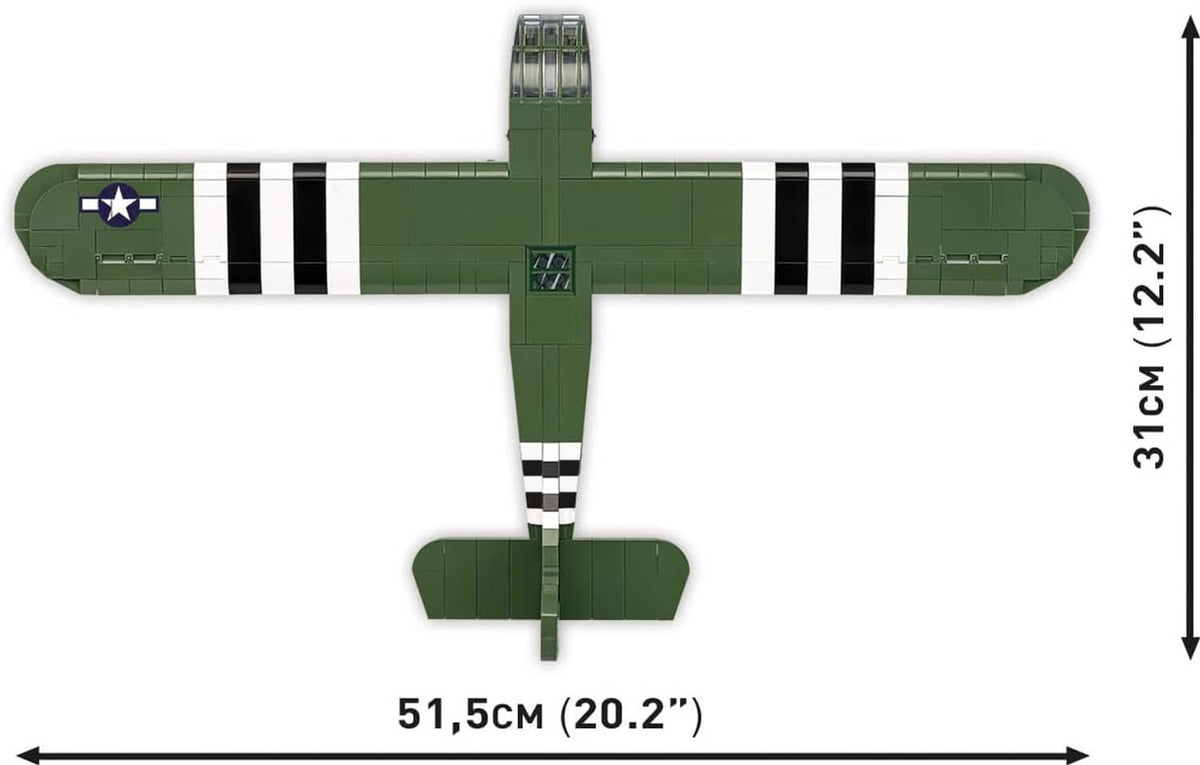 Green WACO CG-4 glider model top view with star insignia and black-and-white striped wings